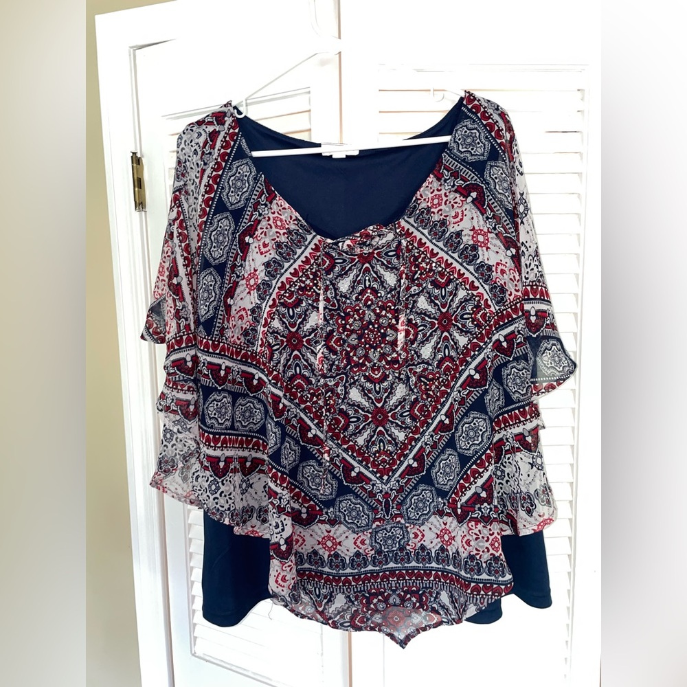 Westport Women's Flowy Blouse - Navy and Red Paisley Pattern